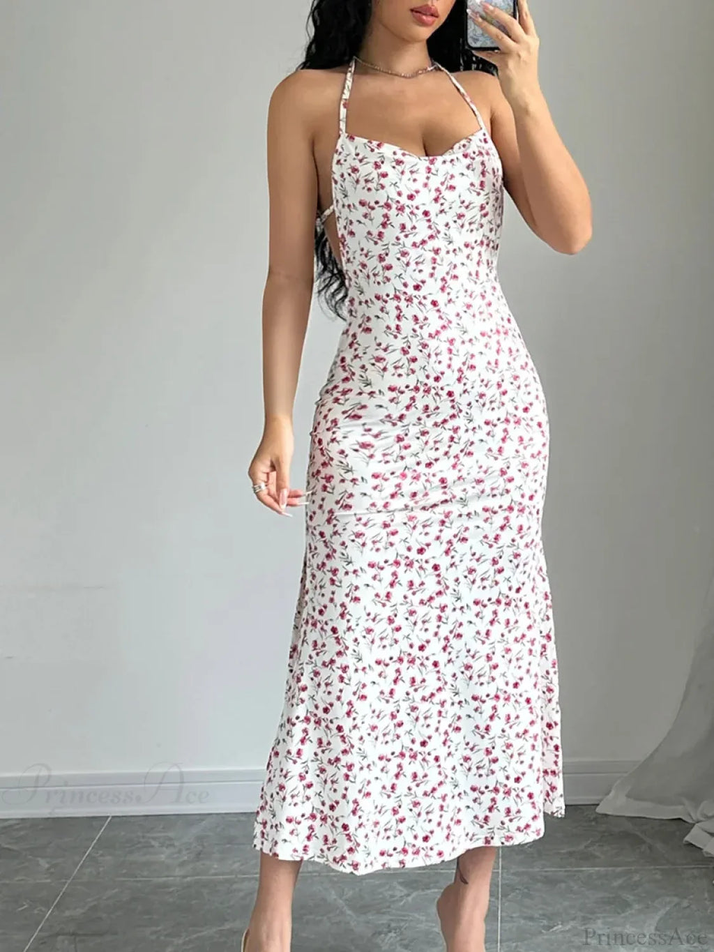 Floral Tied Backless Halter Split Floral Dress image 5