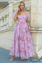 Floral Tulle Puff Sleeve Bow Tie Maxi Dress image 4