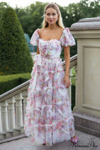 Floral Tulle Puff Sleeve Bow Tie Maxi Dress image 1