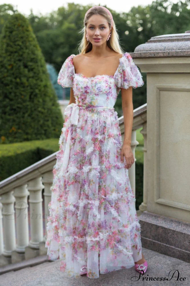 Floral Tulle Puff Sleeve Bow Tie Maxi Dress image 1