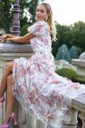 Floral Tulle Puff Sleeve Bow Tie Maxi Dress image 2