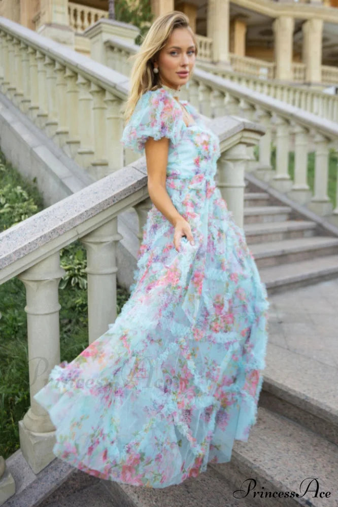 Floral Tulle Puff Sleeve Bow Tie Maxi Dress image 9