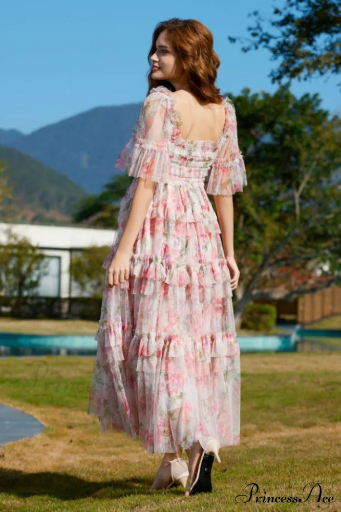 Floral Tulle Ruffle Charming Layered Maxi Dress image 5