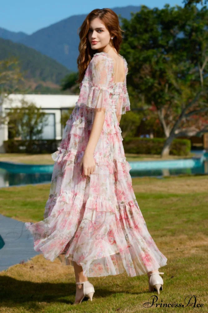 Floral Tulle Ruffle Charming Layered Maxi Dress image 4