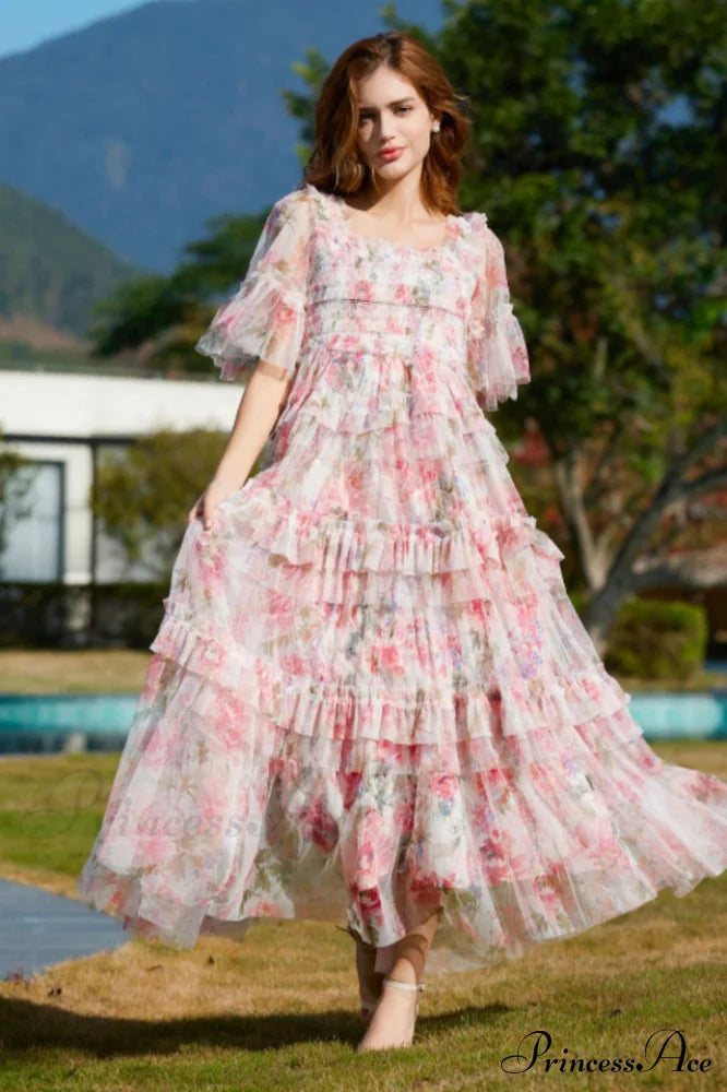 Floral Tulle Ruffle Charming Layered Maxi Dress image 1
