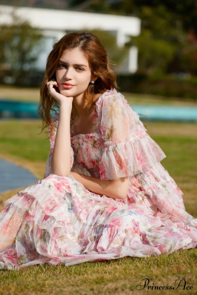 Floral Tulle Ruffle Charming Layered Maxi Dress image 3