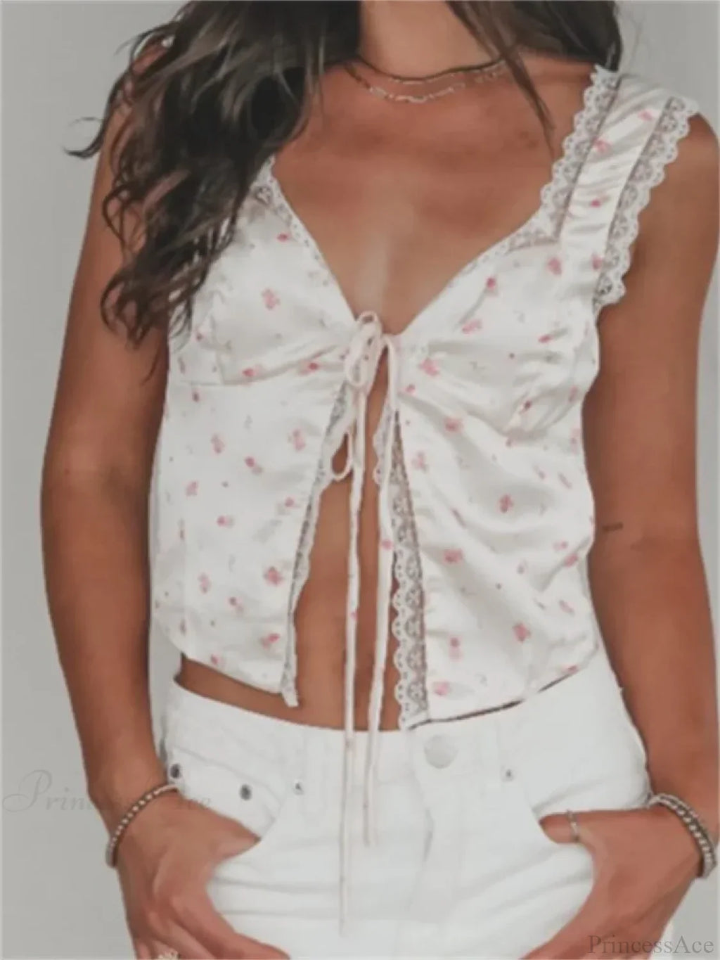 Floral V-neck Lace Trim Tie-up Tank Crop Top image 1