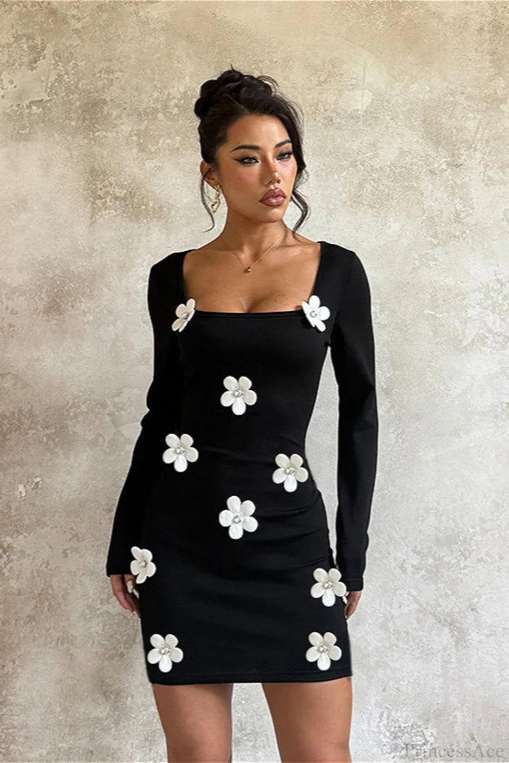 Floral Waist Slim Sexy Long Sleeve Bodycon Mini Dress image 2