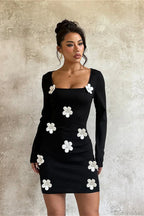 Floral Waist Slim Sexy Long Sleeve Bodycon Mini Dress image 2