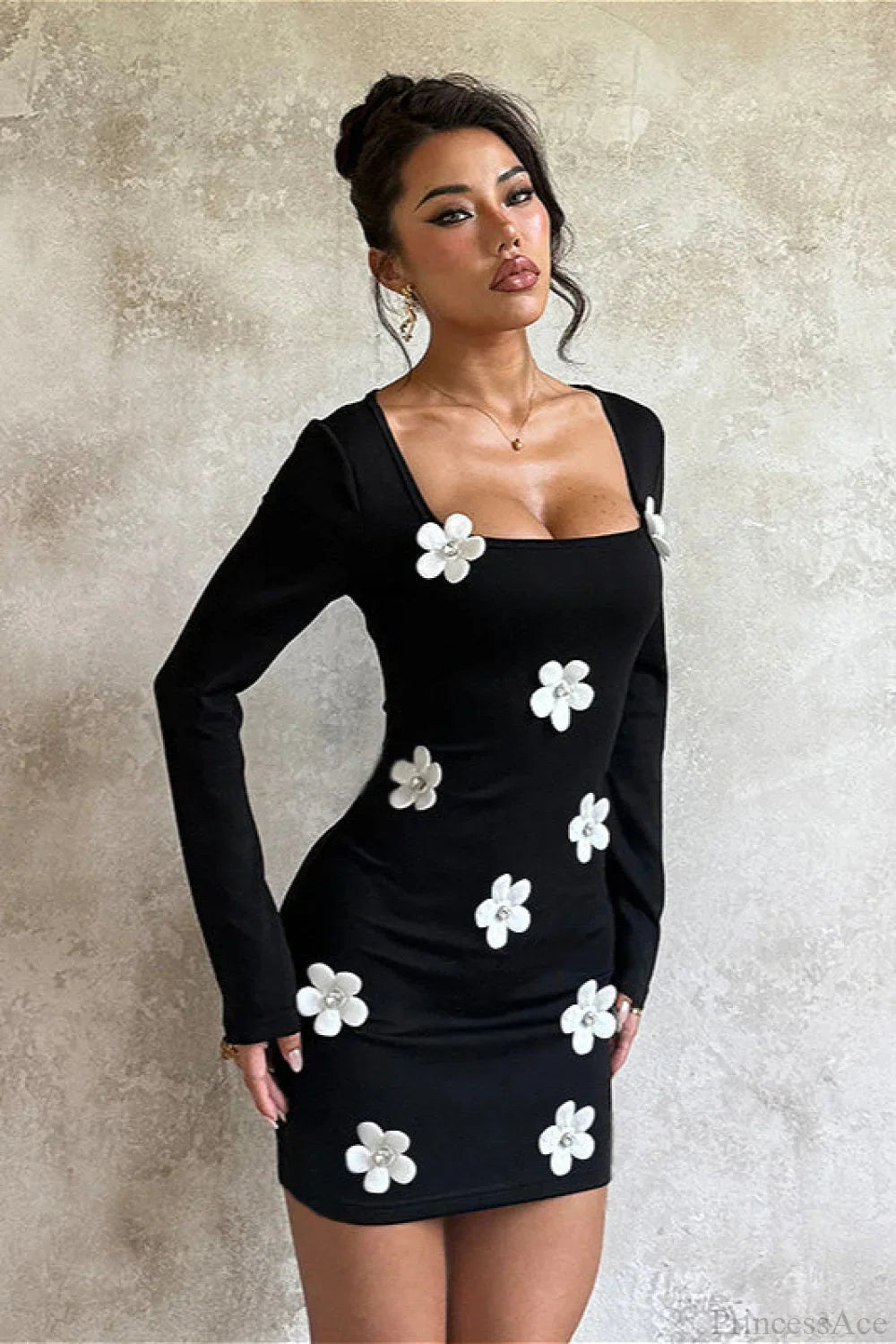 Floral Waist Slim Sexy Long Sleeve Bodycon Mini Dress image 3