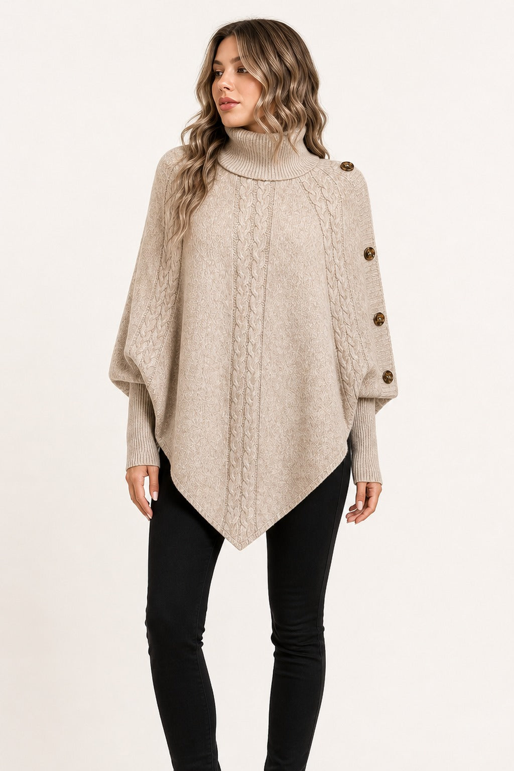 Florence Cable Cape Sweater in khaki front view showing cable knit, ribbed turtleneck, and side buttons