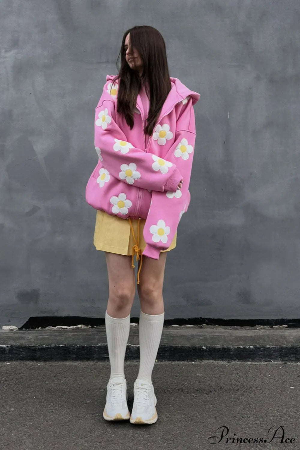Flower Applique Loose Zip Hoodie image 4