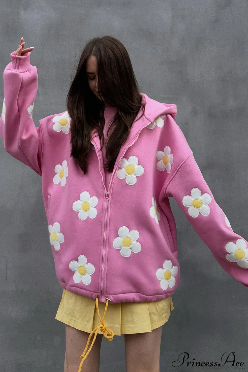 Flower Applique Loose Zip Hoodie image 1
