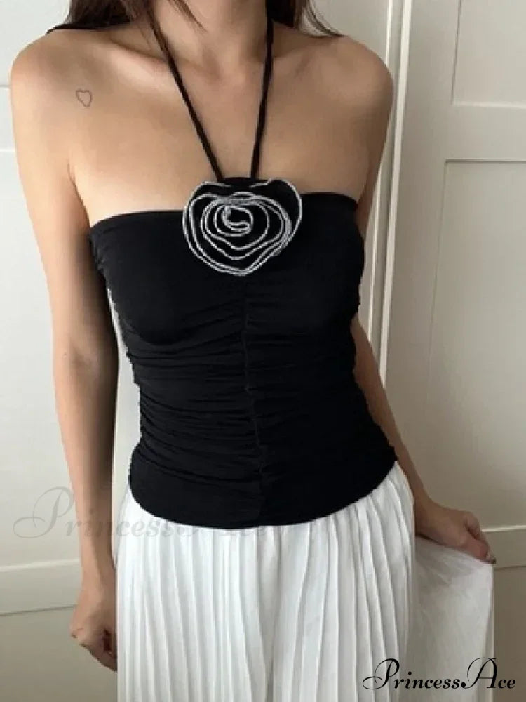 Flower Patchwork halter Tubes Off Shoulder Backless Tank Sexy Women Off Shoulder Ruched Black Mini Vests Tank top image 1