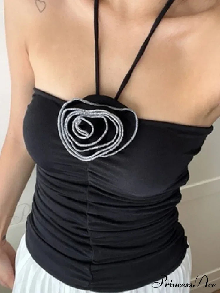 Flower Patchwork halter Tubes Off Shoulder Backless Tank Sexy Women Off Shoulder Ruched Black Mini Vests Tank top image 2