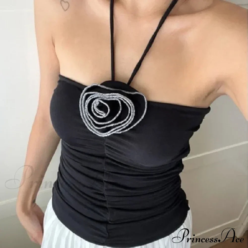 Flower Patchwork halter Tubes Off Shoulder Backless Tank Sexy Women Off Shoulder Ruched Black Mini Vests Tank top image 7