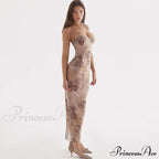 Flower Print Lace Trim Spaghetti Classic Strap Bodycon Midi Dress - Pink image 2