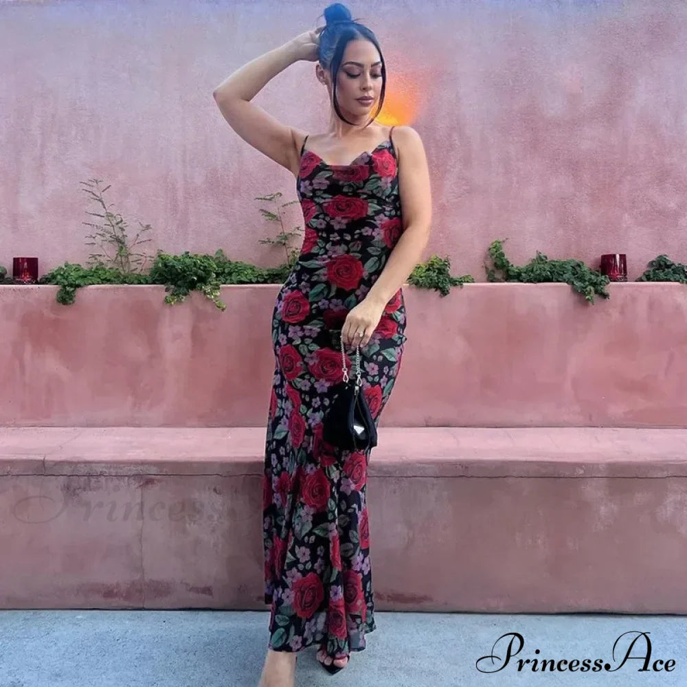 Flower Print Mesh Charming Slip Maxi Dress image 4