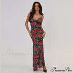 Flower Print Mesh Charming Slip Maxi Dress image 11