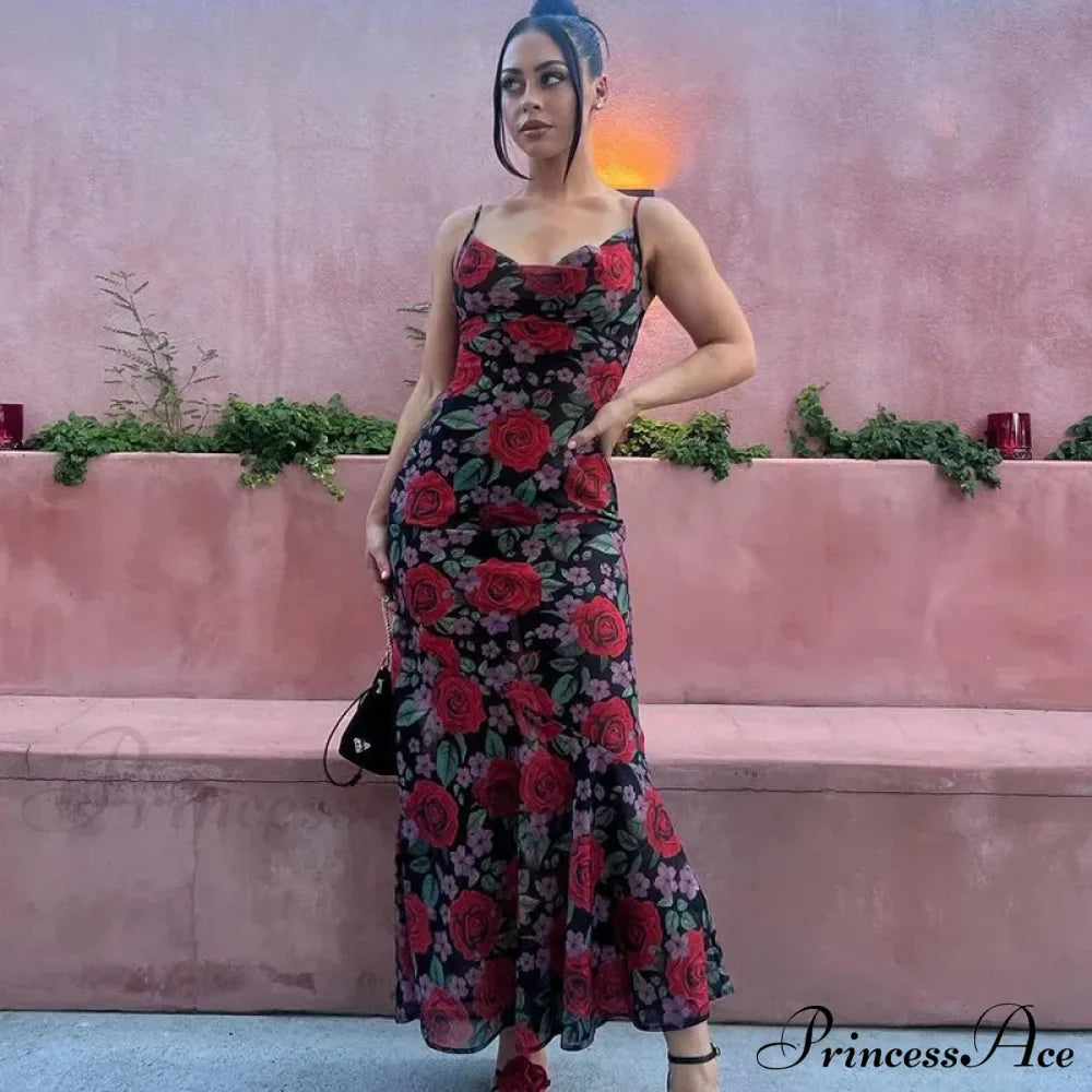 Flower Print Mesh Charming Slip Maxi Dress image 6