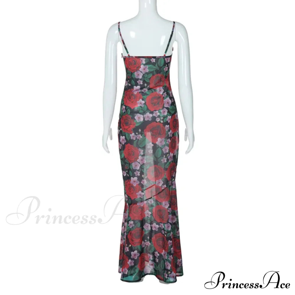 Flower Print Mesh Charming Slip Maxi Dress image 15