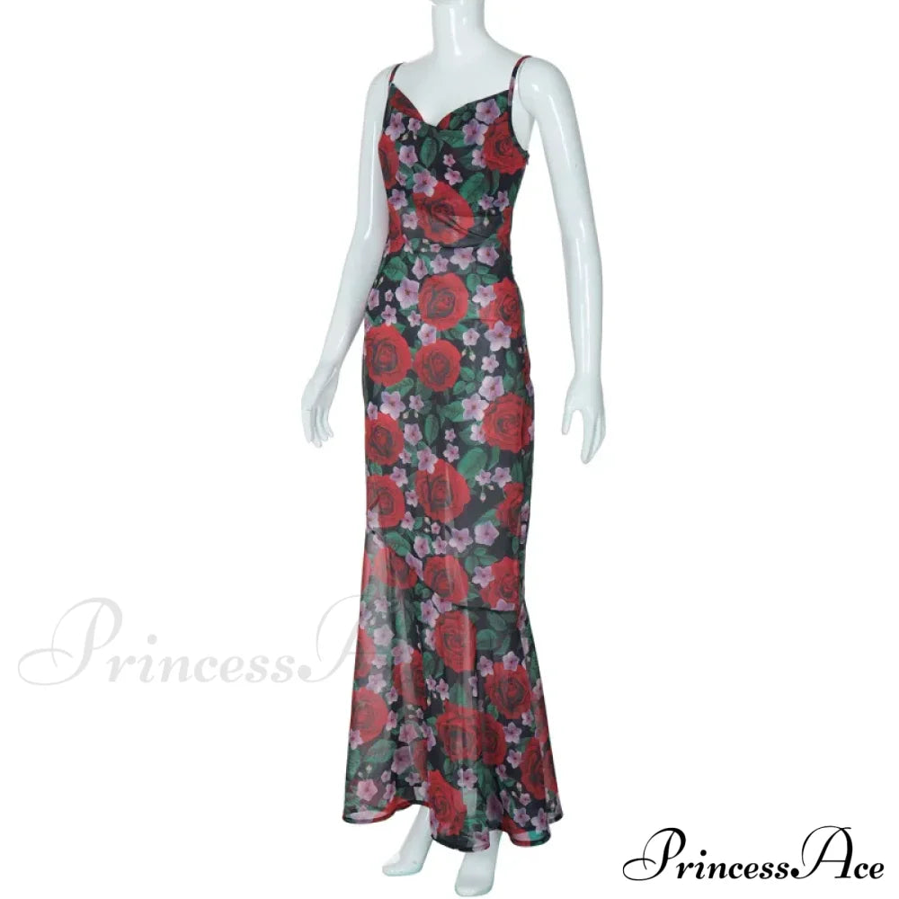 Flower Print Mesh Charming Slip Maxi Dress image 14