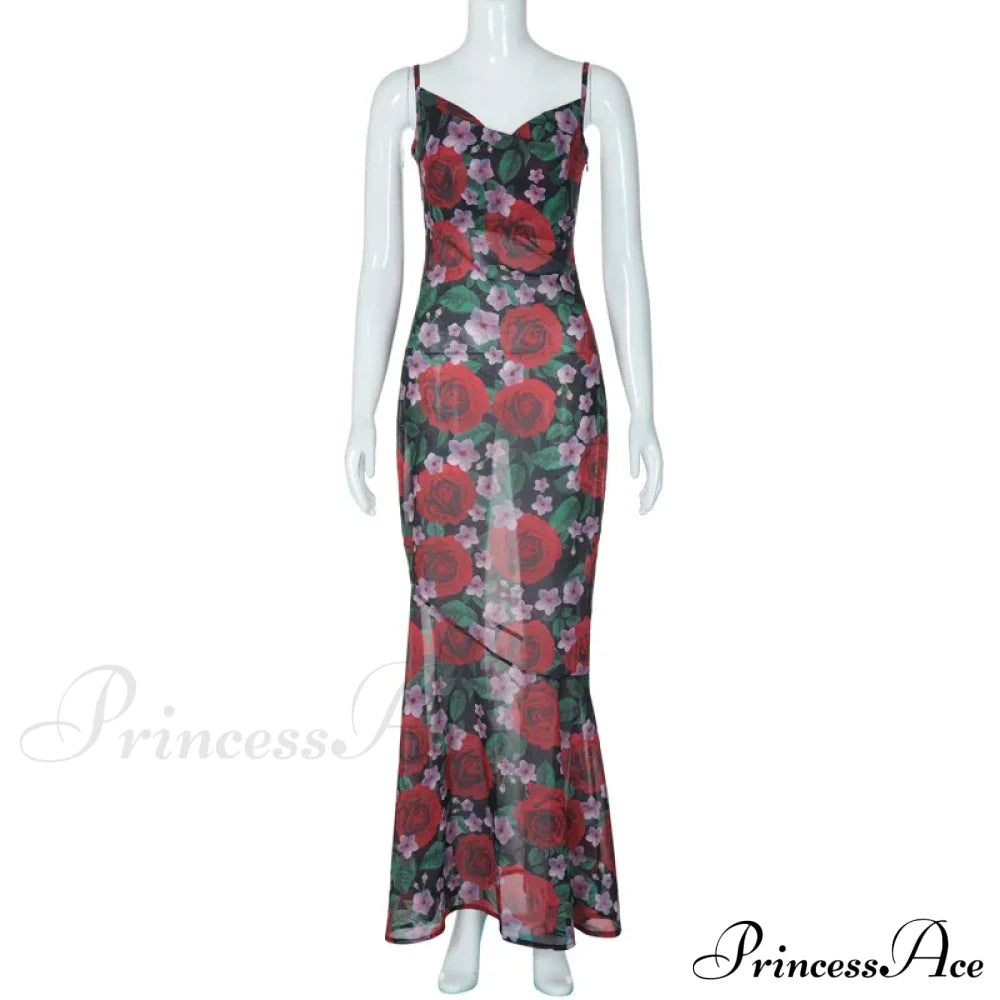 Flower Print Mesh Charming Slip Maxi Dress image 13