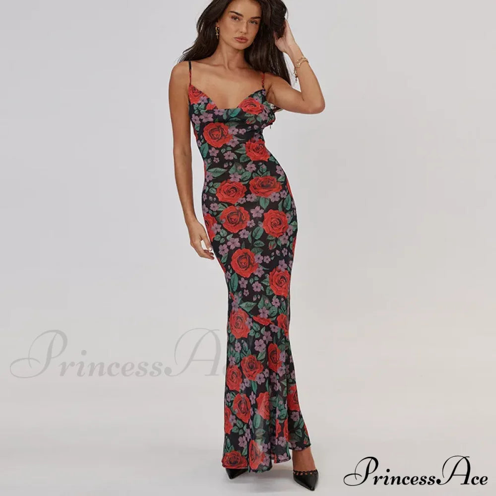Flower Print Mesh Charming Slip Maxi Dress image 7