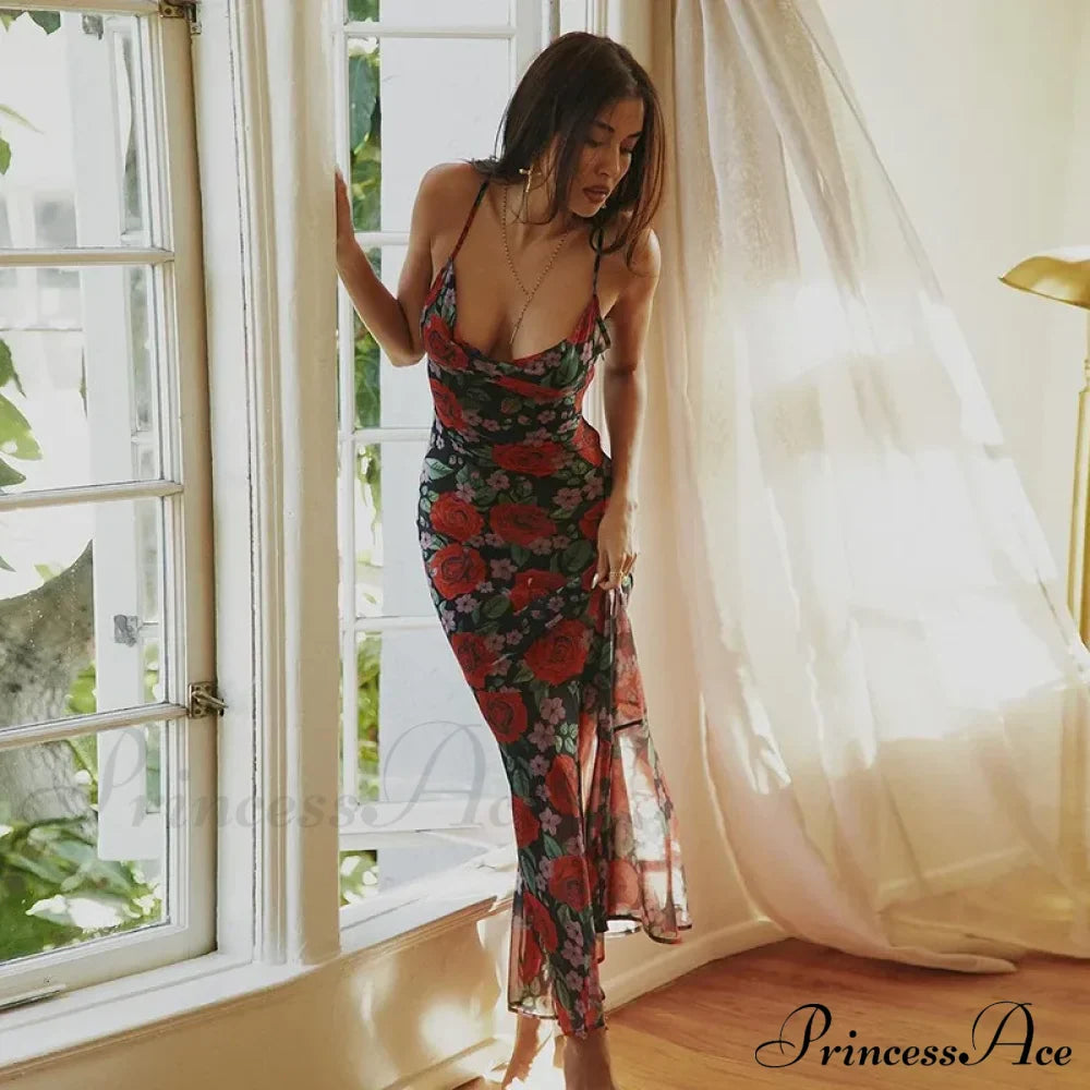 Flower Print Mesh Charming Slip Maxi Dress image 2