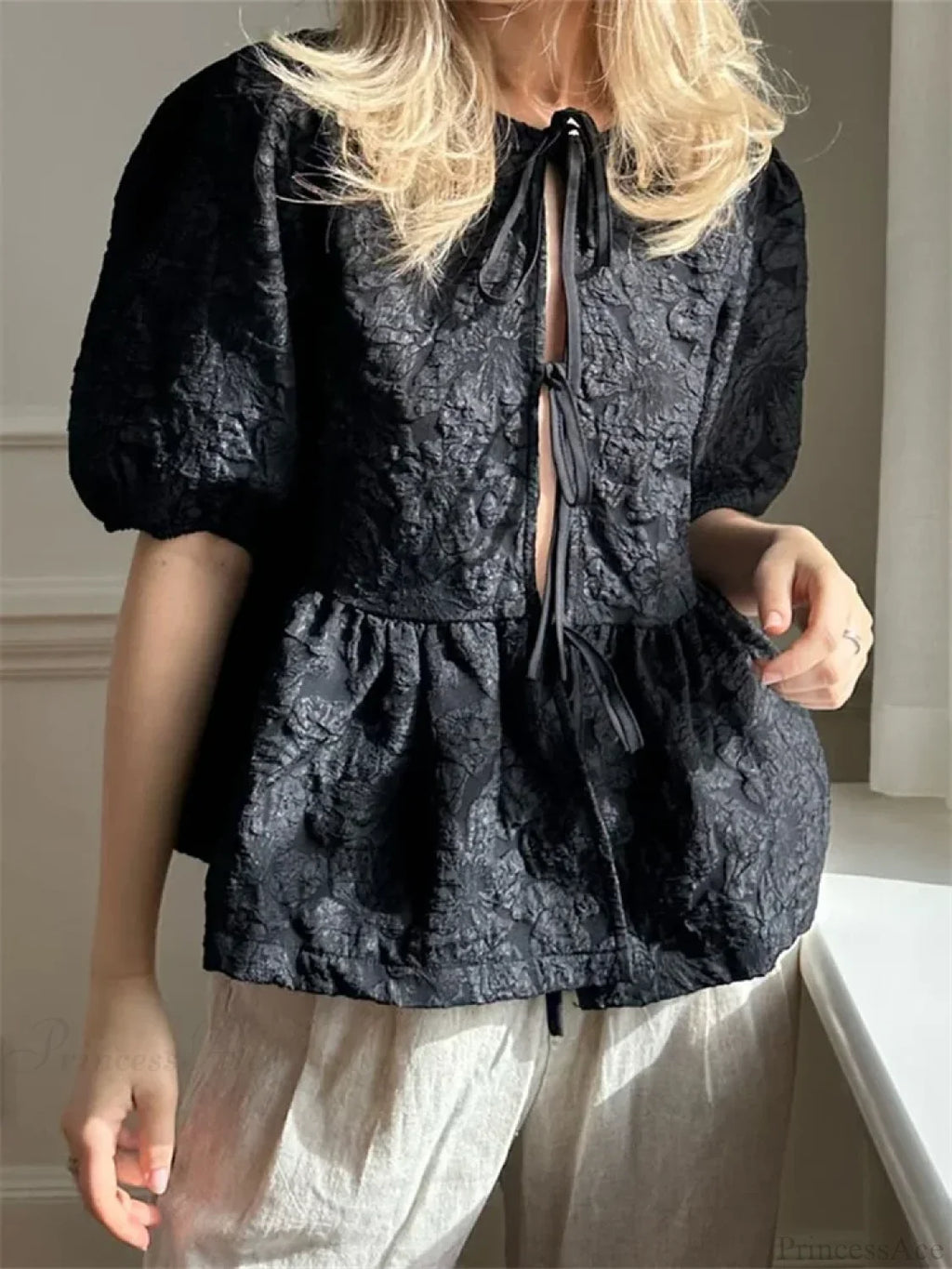 Flower Ruched Front Tie-Up Blouse image 6