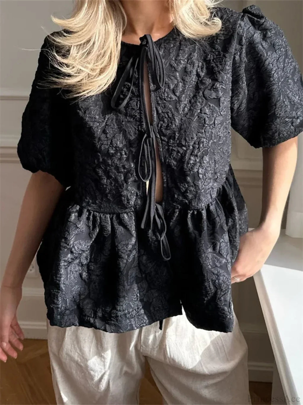Flower Ruched Front Tie-Up Blouse image 5