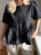 Flower Ruched Front Tie-Up Blouse image 5