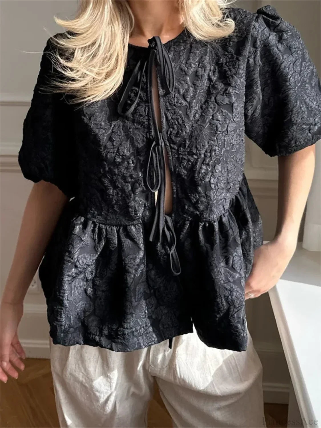 Flower Ruched Front Tie-Up Blouse image 5