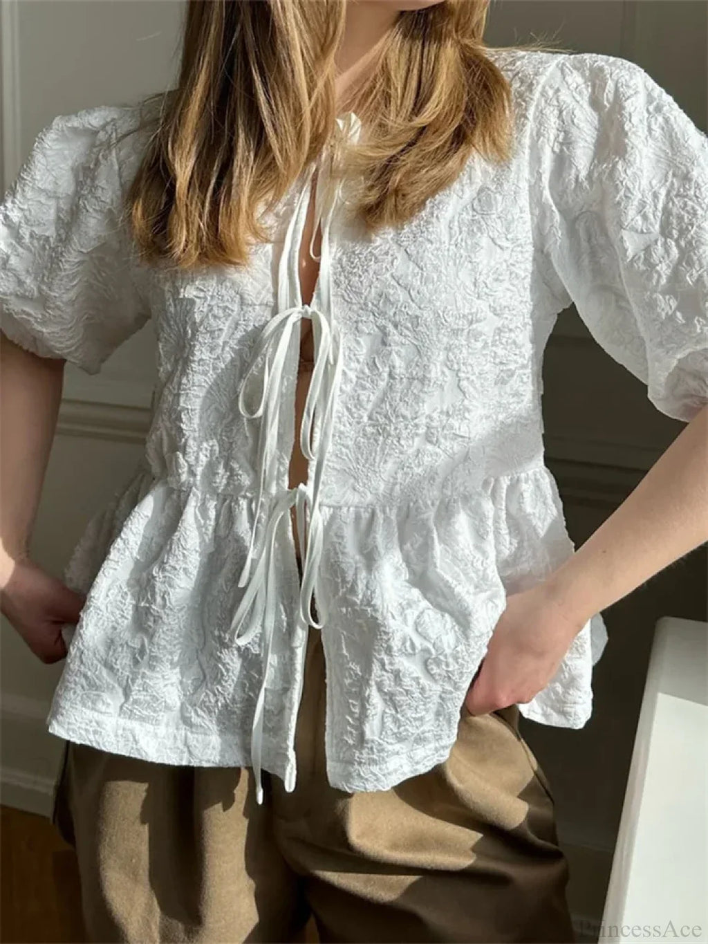 Flower Ruched Front Tie-Up Blouse image 2