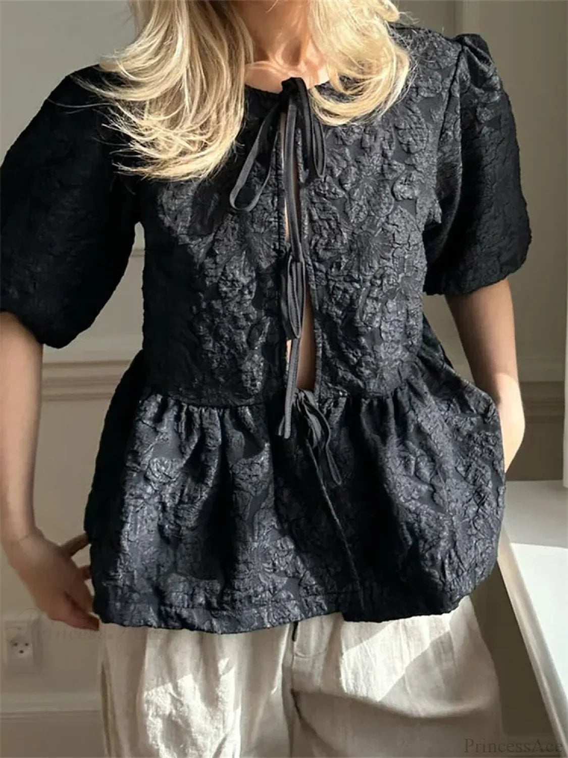 Flower Ruched Front Tie-Up Blouse image 4