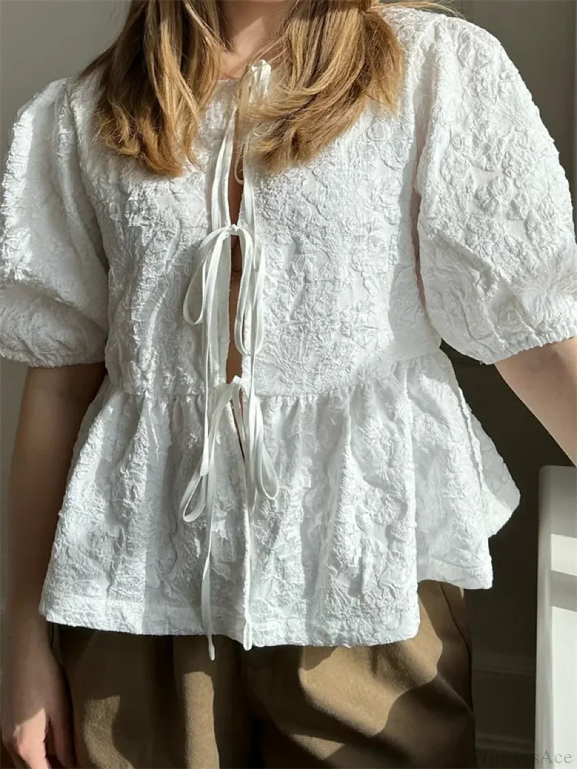 Flower Ruched Front Tie-Up Blouse image 1