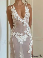 Flowers for Women Sexy Sleeveless Strap High Split Backless Mesh See Through Vestidos Party Clubwear image 2