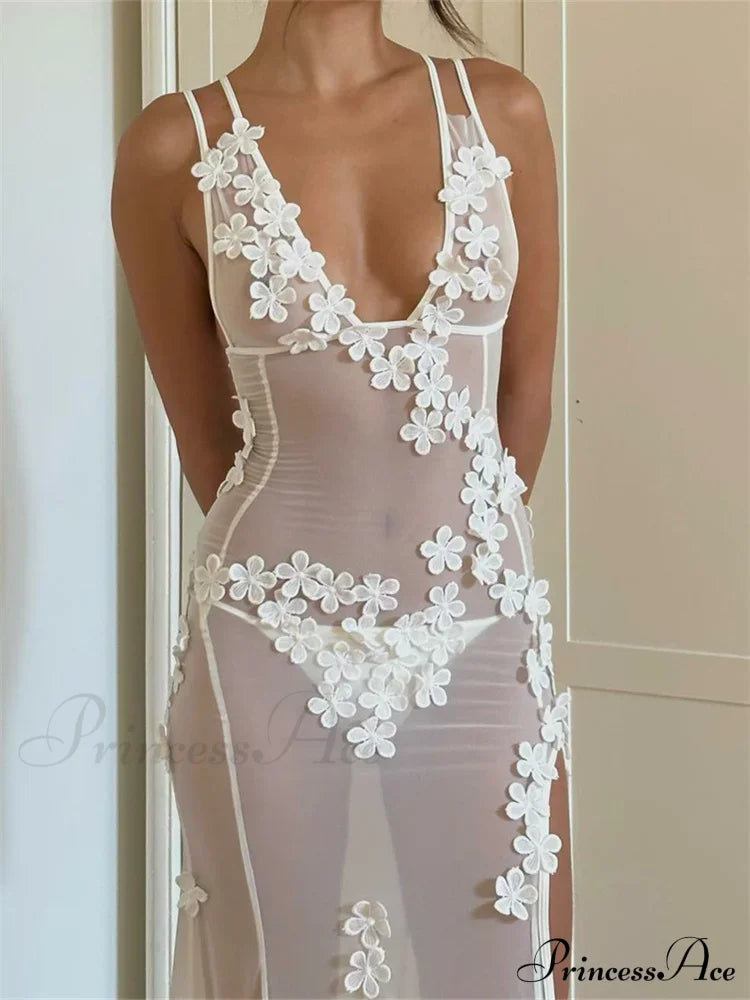Flowers for Women Sexy Sleeveless Strap High Split Backless Mesh See Through Vestidos Party Clubwear image 2