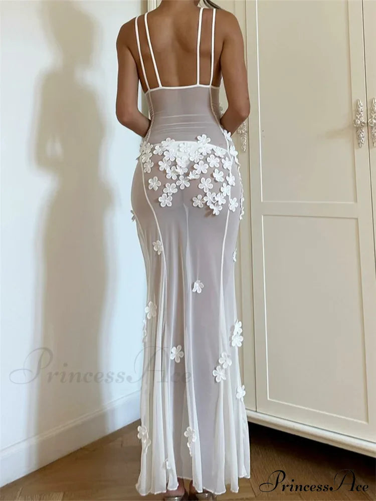 Flowers for Women Sexy Sleeveless Strap High Split Backless Mesh See Through Vestidos Party Clubwear image 4