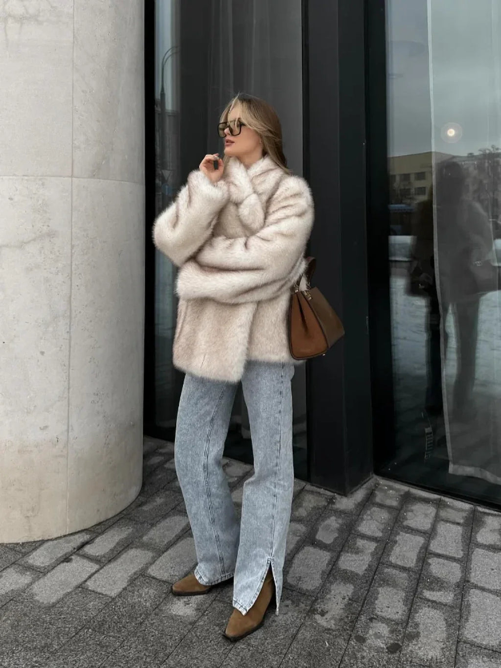 Fluffy Faux Fur Lapel Short Overcoat image 3
