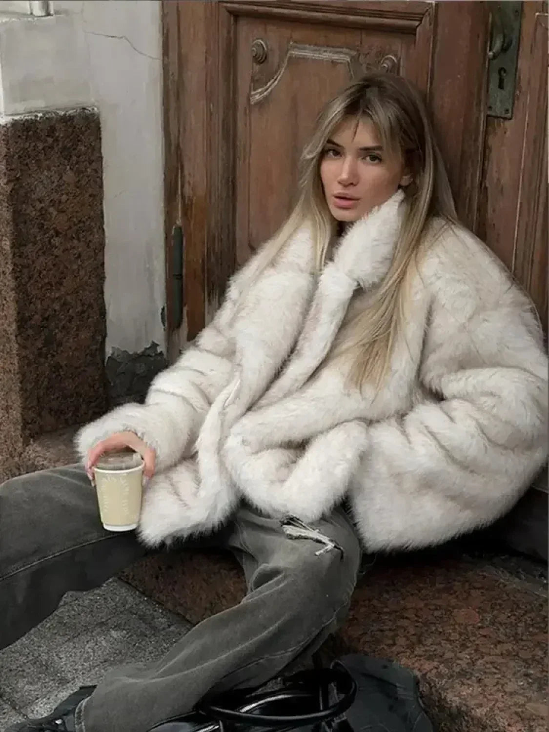 Fluffy Faux Fur Lapel Short Overcoat image 1
