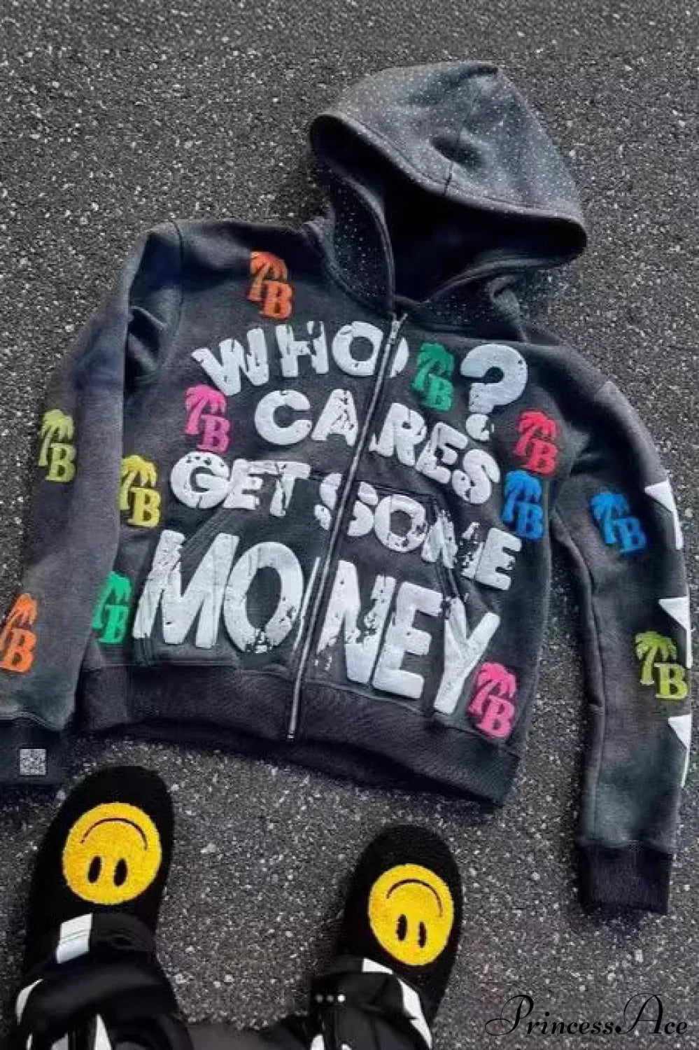 Foam Letter Print Hip-Hop Zip Hoodie image 5