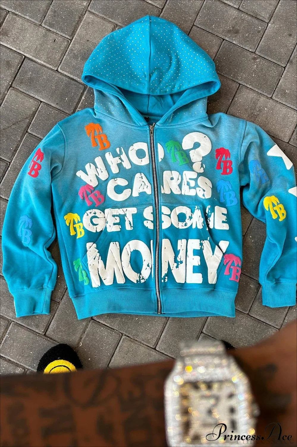 Foam Letter Print Hip-Hop Zip Hoodie image 1