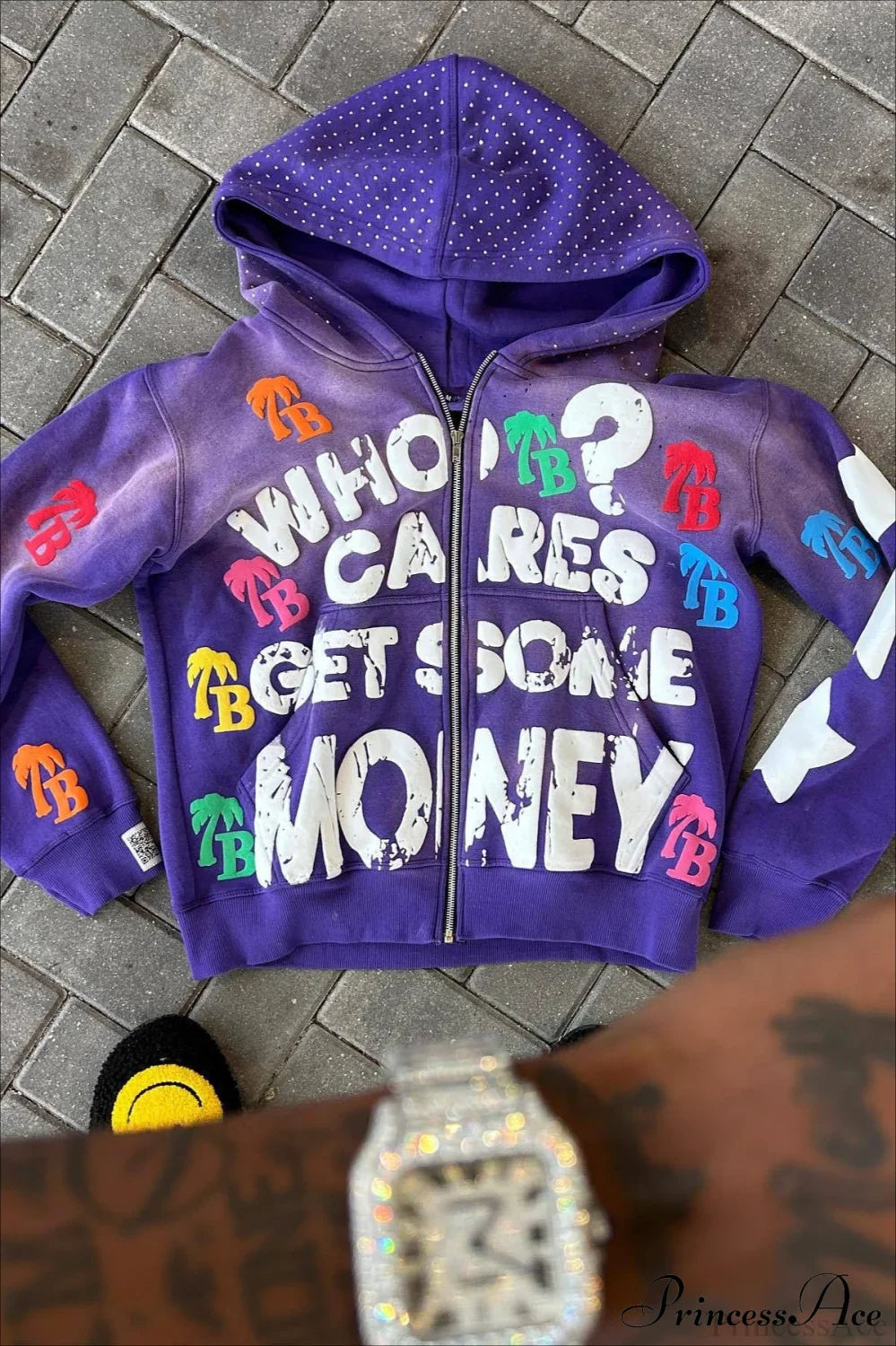 Foam Letter Print Hip-Hop Zip Hoodie image 3
