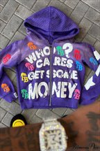 Foam Letter Print Hip-Hop Zip Hoodie image 3