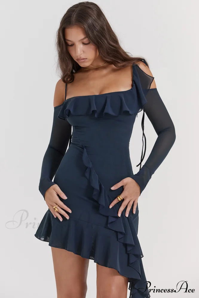 French Navy Stylish Ruffle Mini Dress image 2