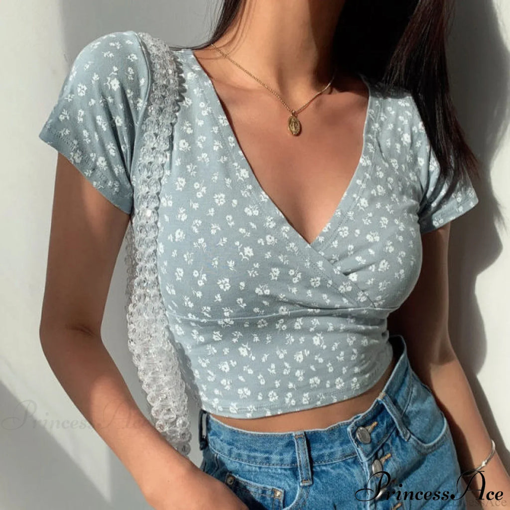 French Retro Floral V-neck Short-sleeved T-shirt image 2