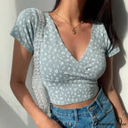 French Retro Floral V-neck Short-sleeved T-shirt image 2