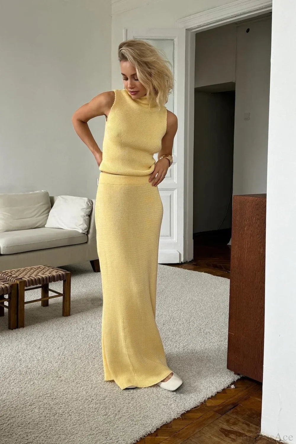 French-Style Sleeveless Turtleneck Cotton Wool Blend Two Piece Set image 6