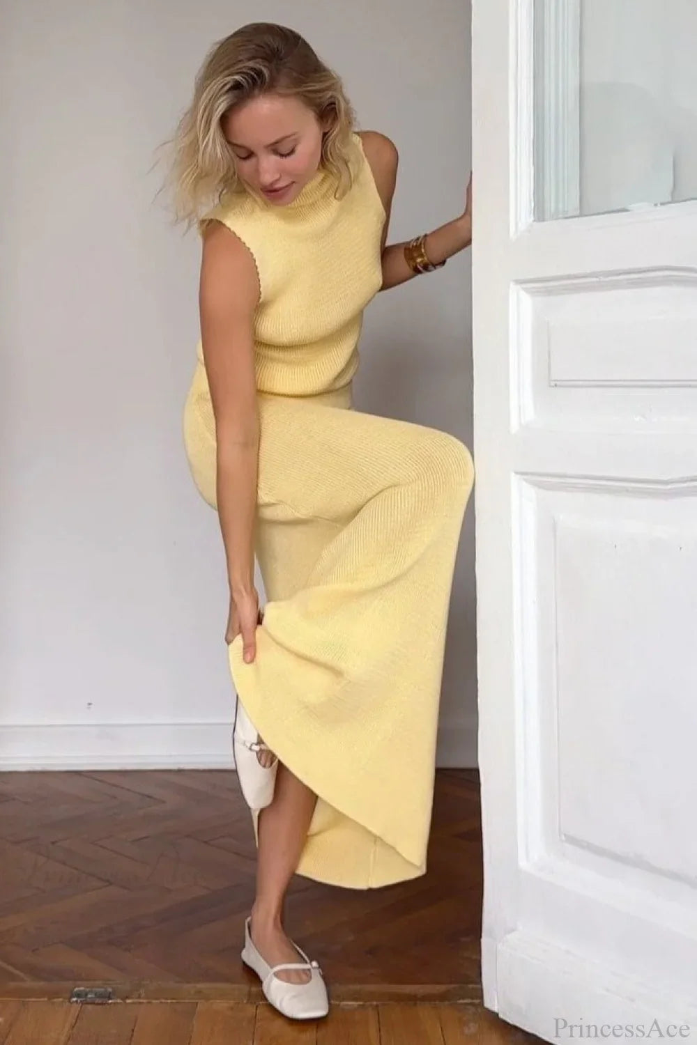 French-Style Sleeveless Turtleneck Cotton Wool Blend Two Piece Set image 5